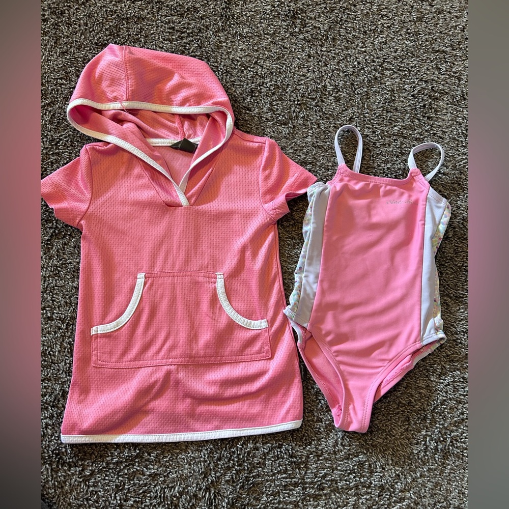 Pink Hooded Cover-Up and Swimsuit Set for toddler girl in size 2T.